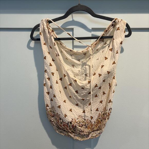 Free People Top Womens Small Ivory Draped Cowl Neck Boho Border Print Sleeveless - Picture 6 of 11